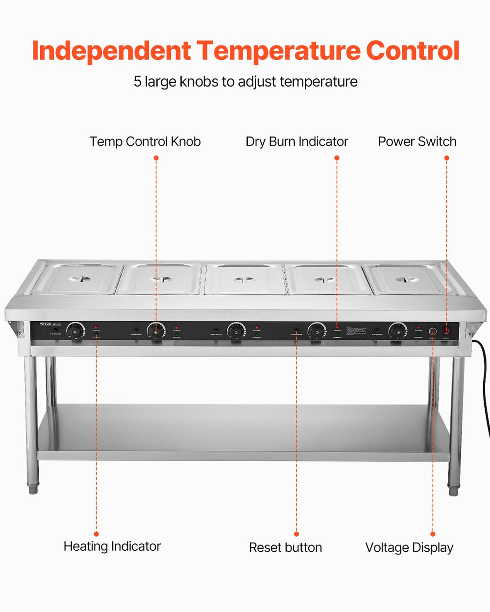 Vevor Food Warmer 5-Pan Steam Table Independent Temperature Control New