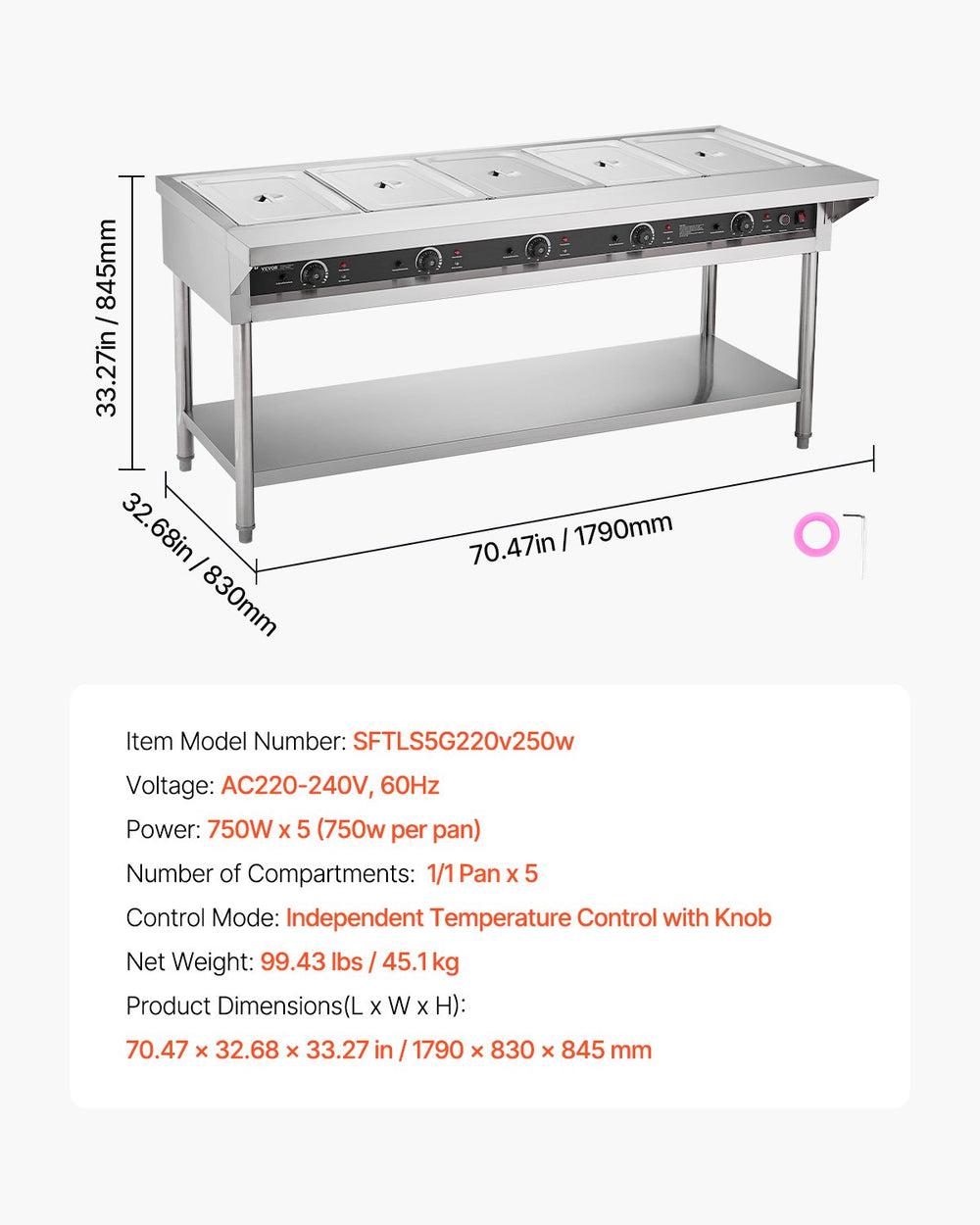 Vevor Food Warmer 5-Pan Steam Table Independent Temperature Control New