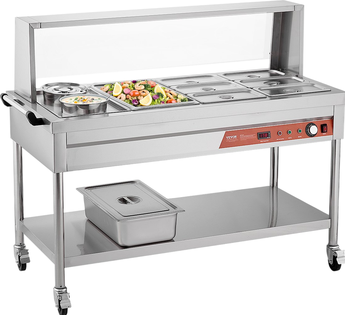 Vevor Commercial Food Warmer Steam Table 1 Full Pan 6 Third Pans 2 Pots Stainless Steel Sneeze Guard New
