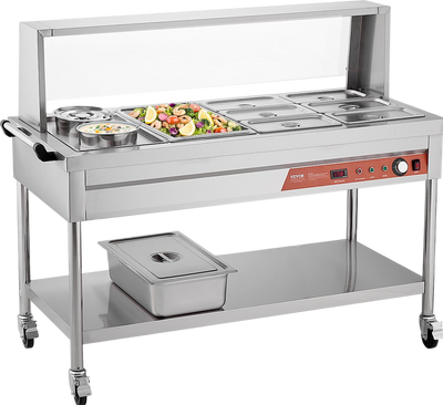Vevor Commercial Food Warmer Steam Table 1 Full Pan 6 Third Pans 2 Pots Stainless Steel Sneeze Guard New