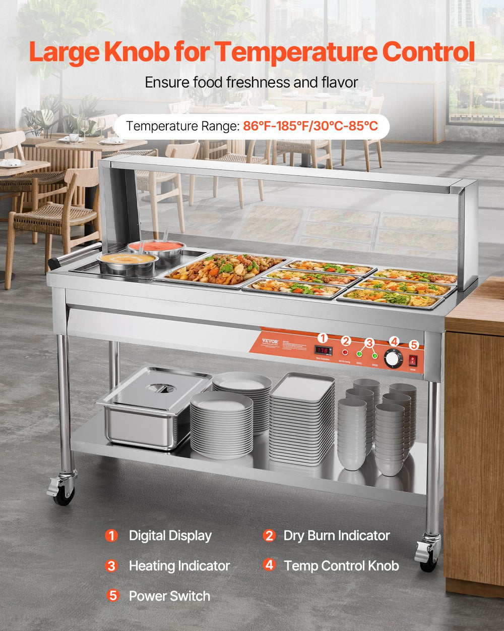 Vevor Commercial Food Warmer Steam Table 1 Full Pan 6 Third Pans 2 Pots Stainless Steel Sneeze Guard New