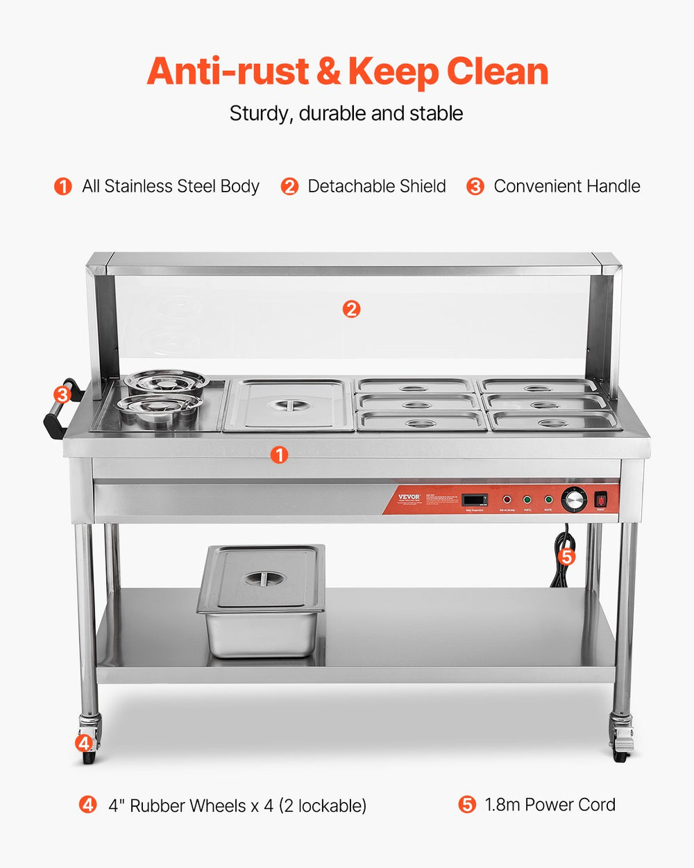 Vevor Commercial Food Warmer Steam Table 1 Full Pan 6 Third Pans 2 Pots Stainless Steel Sneeze Guard New