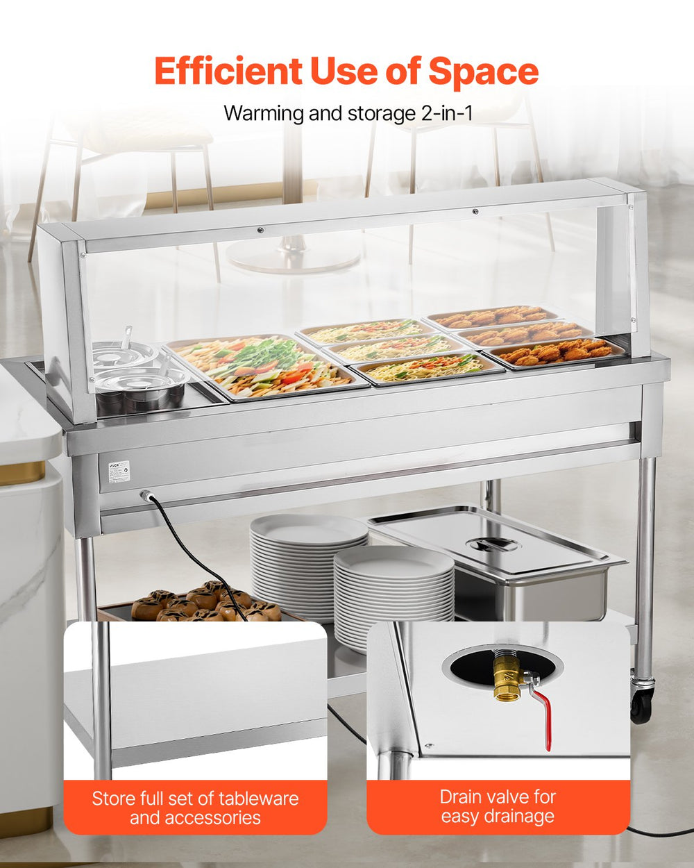 Vevor Commercial Food Warmer Steam Table 1 Full Pan 6 Third Pans 2 Pots Stainless Steel Sneeze Guard New