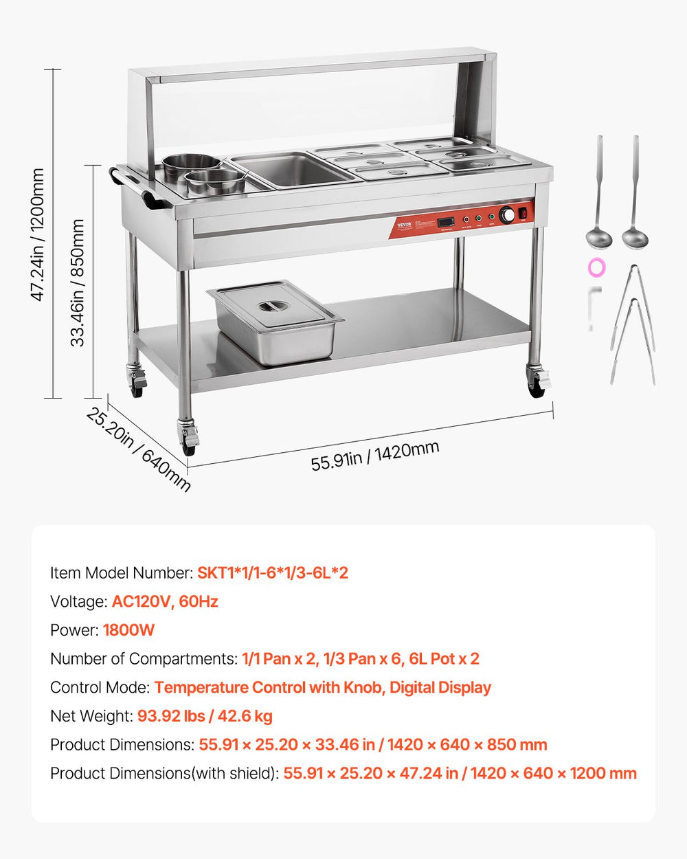 Vevor Commercial Food Warmer Steam Table 1 Full Pan 6 Third Pans 2 Pots Stainless Steel Sneeze Guard New