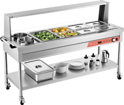 Vevor Commercial Food Warmer Steam Table 1 Full Pan 6 Half Pans 2 Pots Stainless Steel Sneeze Guard New
