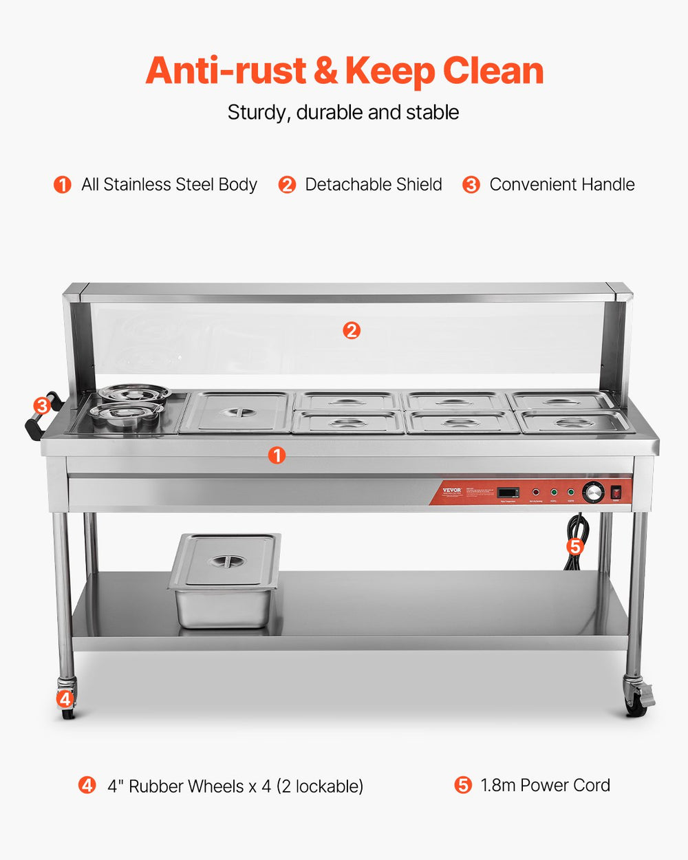Vevor Commercial Food Warmer Steam Table 1 Full Pan 6 Half Pans 2 Pots Stainless Steel Sneeze Guard New