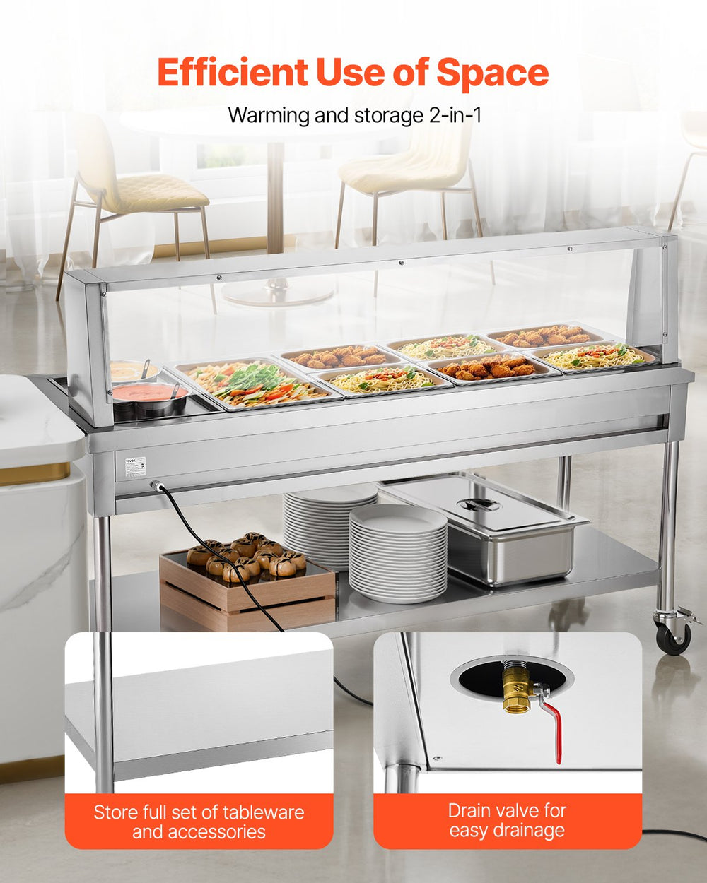 Vevor Commercial Food Warmer Steam Table 1 Full Pan 6 Half Pans 2 Pots Stainless Steel Sneeze Guard New