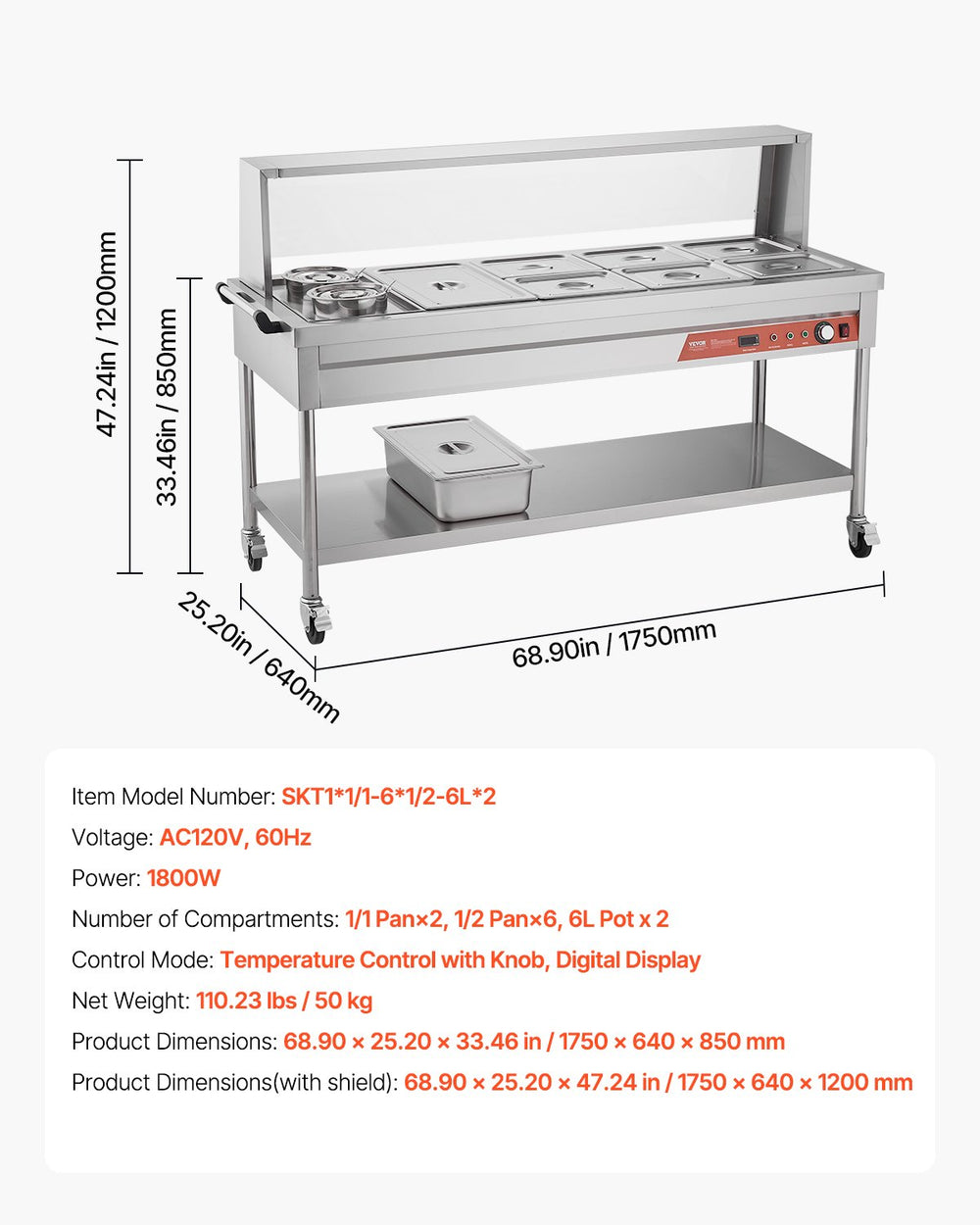 Vevor Commercial Food Warmer Steam Table 1 Full Pan 6 Half Pans 2 Pots Stainless Steel Sneeze Guard New