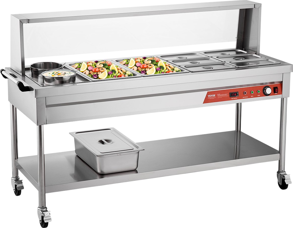 Vevor Commercial Food Warmer Steam Table 2 Full Pans 6 Third Pans 2 Pots Stainless Steel Sneeze Guard New