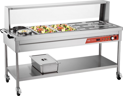 Vevor Commercial Food Warmer Steam Table 2 Full Pans 6 Third Pans 2 Pots Stainless Steel Sneeze Guard New