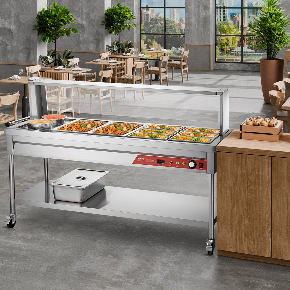 Vevor Commercial Food Warmer Steam Table 2 Full Pans 6 Third Pans 2 Pots Stainless Steel Sneeze Guard New