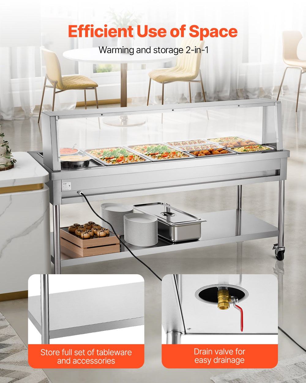 Vevor Commercial Food Warmer Steam Table 2 Full Pans 6 Third Pans 2 Pots Stainless Steel Sneeze Guard New