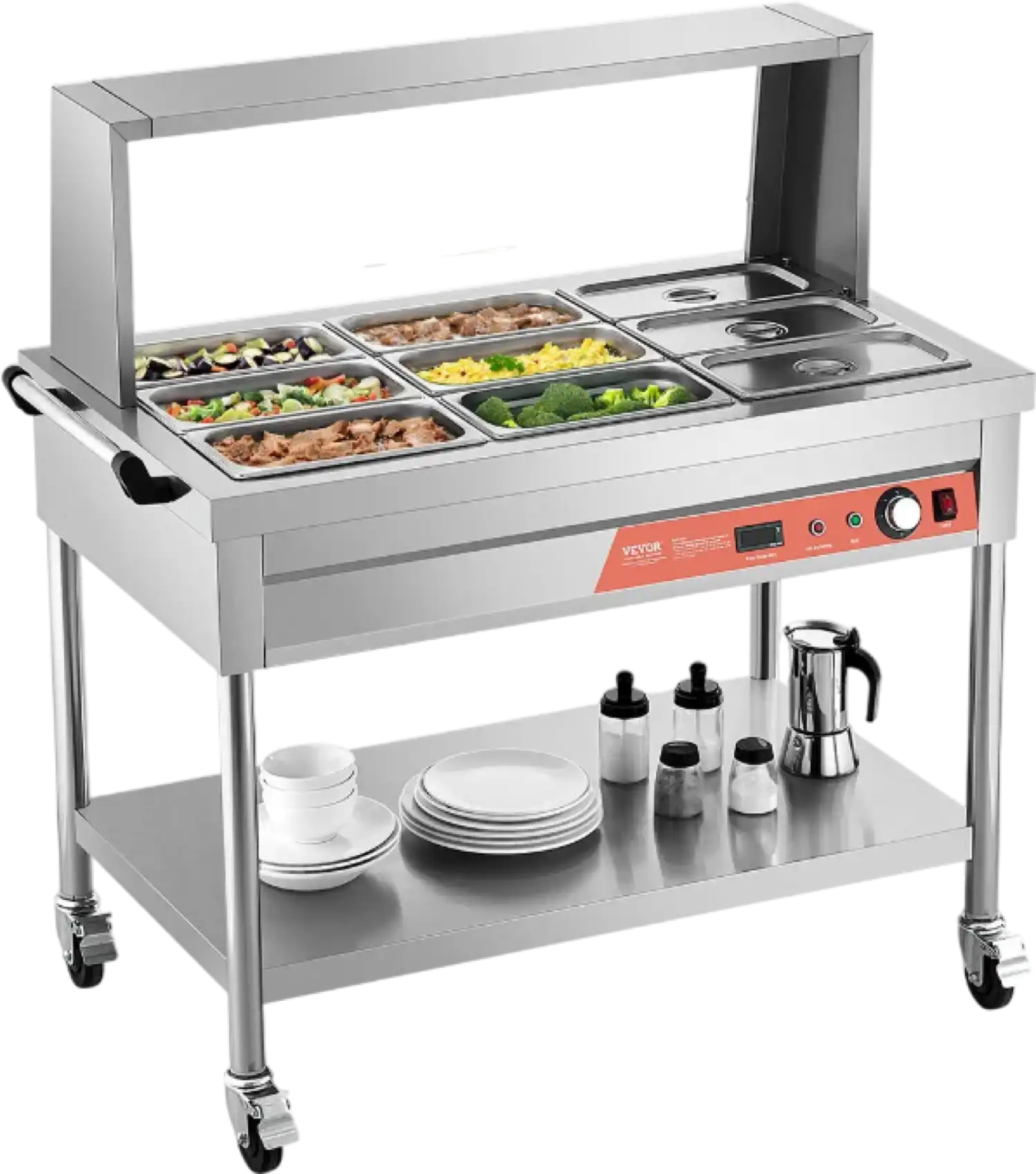 Vevor Commercial Steam Table 9 x 1/3 Pan Food Warmer with Undershelf and Sneeze Guard New