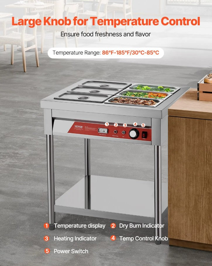 Vevor Commercial Electric Steam Table 6 × 1/3 Pans Food Warmer with Undershelf New