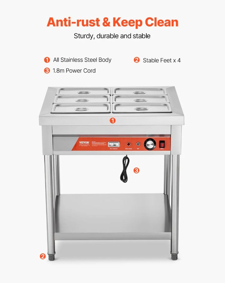 Vevor Commercial Electric Steam Table 6 × 1/3 Pans Food Warmer with Undershelf New