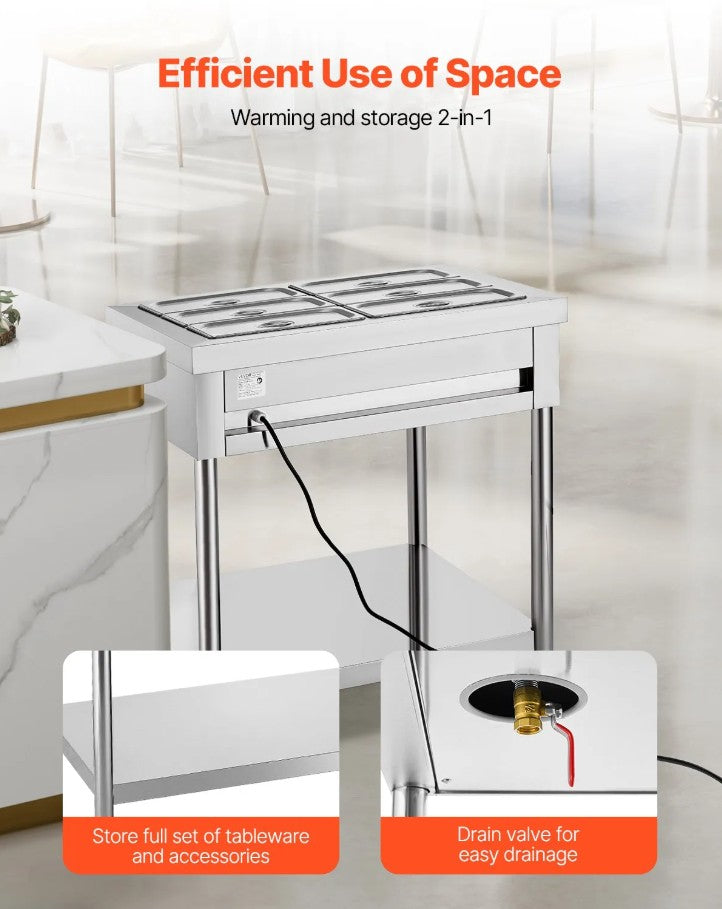 Vevor Commercial Electric Steam Table 6 × 1/3 Pans Food Warmer with Undershelf New