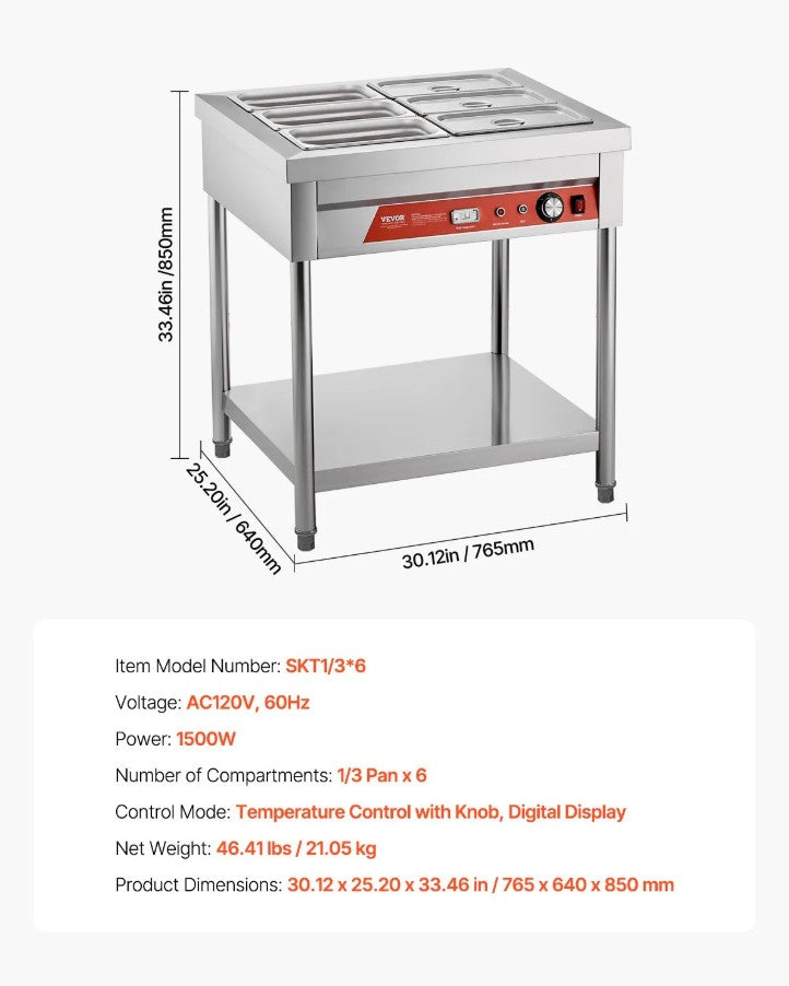 Vevor Commercial Electric Steam Table 6 × 1/3 Pans Food Warmer with Undershelf New