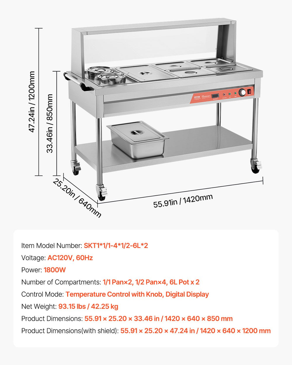 Vevor Commercial Food Warmer Steam Table 1 Full Pan 4 Half Pans 2 Pots Stainless Steel Sneeze Guard New
