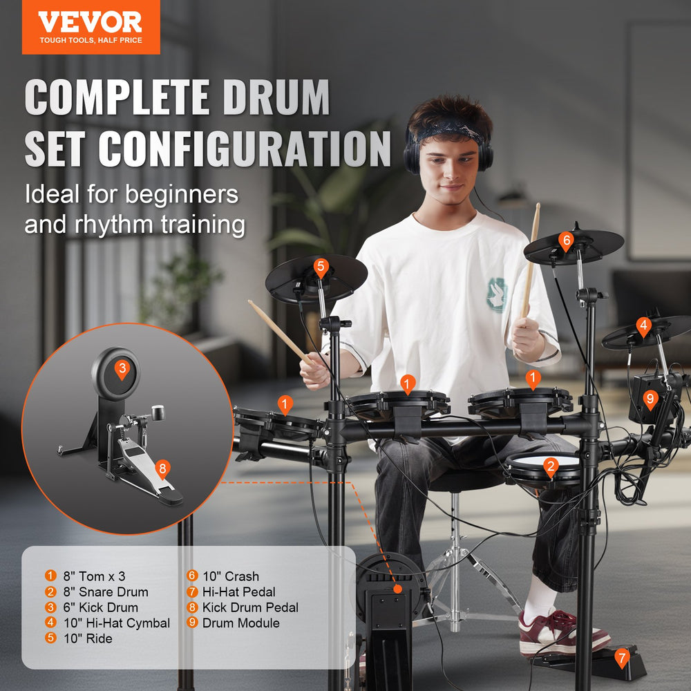 Vevor Digital Drum Kit 480 Tones 8" Pads with Drumsticks Dual Pedals and Throne for Beginners and Adults New
