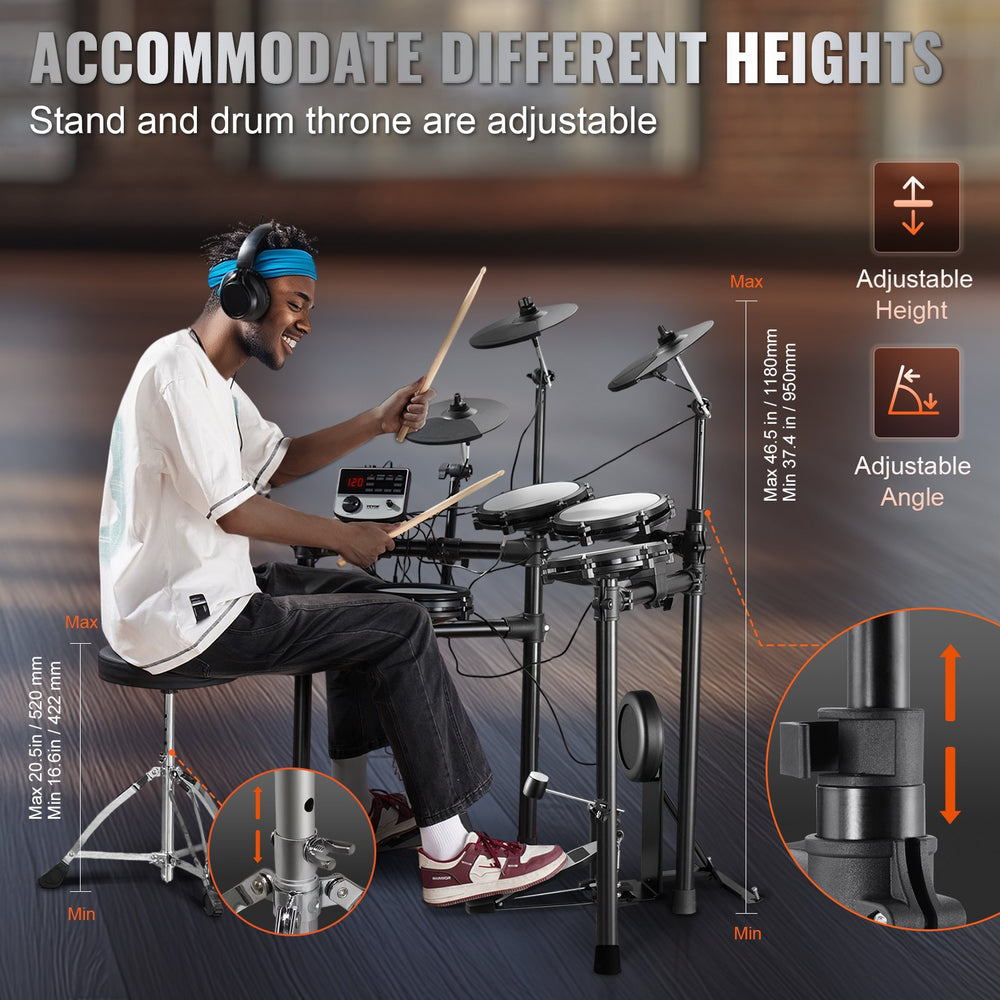 Vevor Digital Drum Kit 480 Tones 8" Pads with Drumsticks Dual Pedals and Throne for Beginners and Adults New