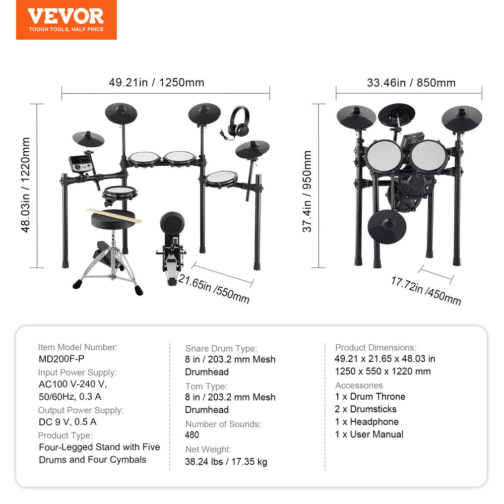 Vevor Digital Drum Kit 480 Tones 8" Pads with Drumsticks Dual Pedals and Throne for Beginners and Adults New