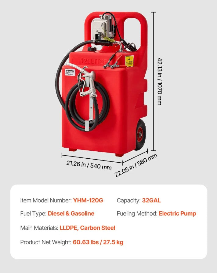 Vevor Fuel Caddy 32-Gal with 12V Electric Pump Gasoline and Diesel Compatible New