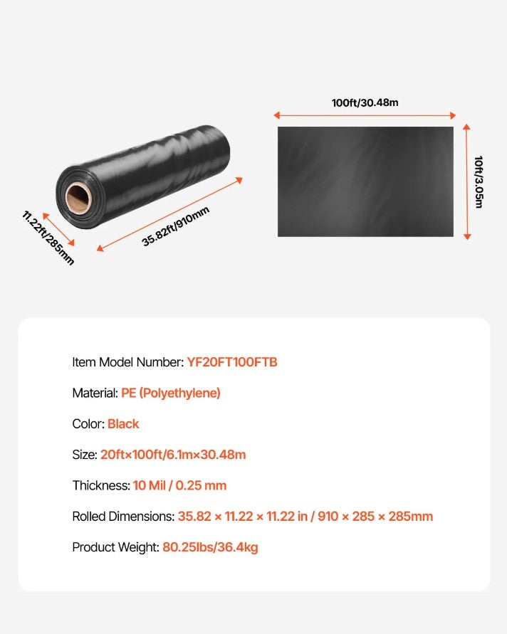 Vevor Heavy-Duty Black Plastic Sheeting 20' x 100' 10 Mil Multi-Purpose Tarp New