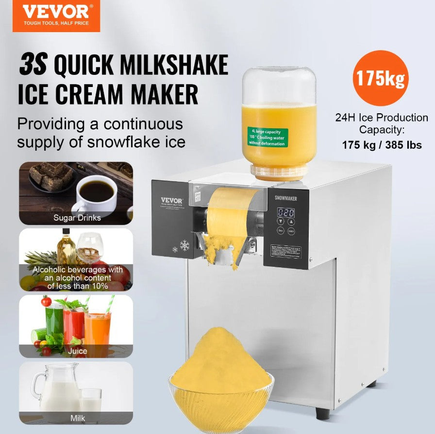 Vevor Commercial Snowflake Ice Machine 385 Lbs/24H Stainless Steel Multi-Texture Ice New