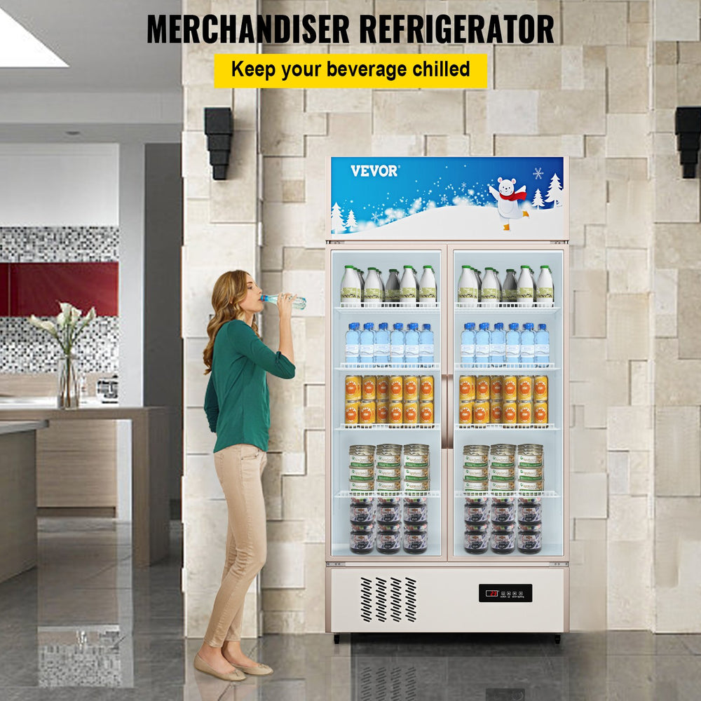 Vevor Beverage Display Refrigerator 23 Cu. Ft. Commercial Double-Swing Glass Door with LED Light New