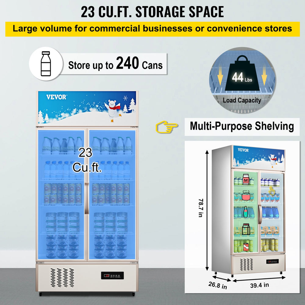 Vevor Beverage Display Refrigerator 23 Cu. Ft. Commercial Double-Swing Glass Door with LED Light New