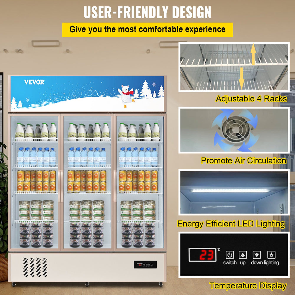 Vevor Beverage Display Refrigerator 35 Cu. Ft. Commercial Triple-Swing Glass Door with LED Light New