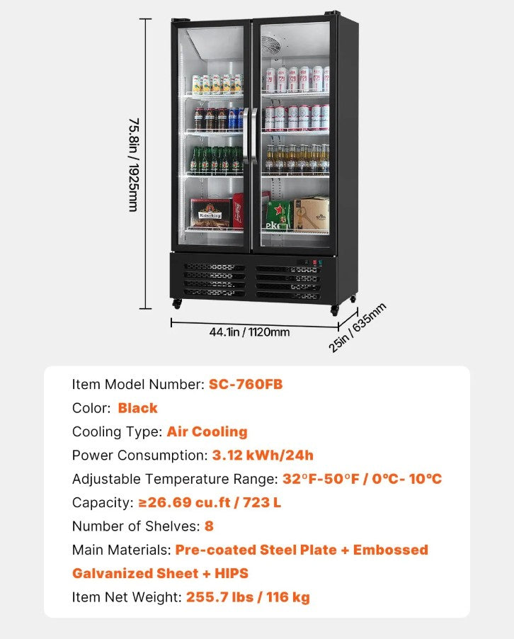 Vevor Commercial Beverage Refrigerator 26.69 Cu Ft Glass Double Door New