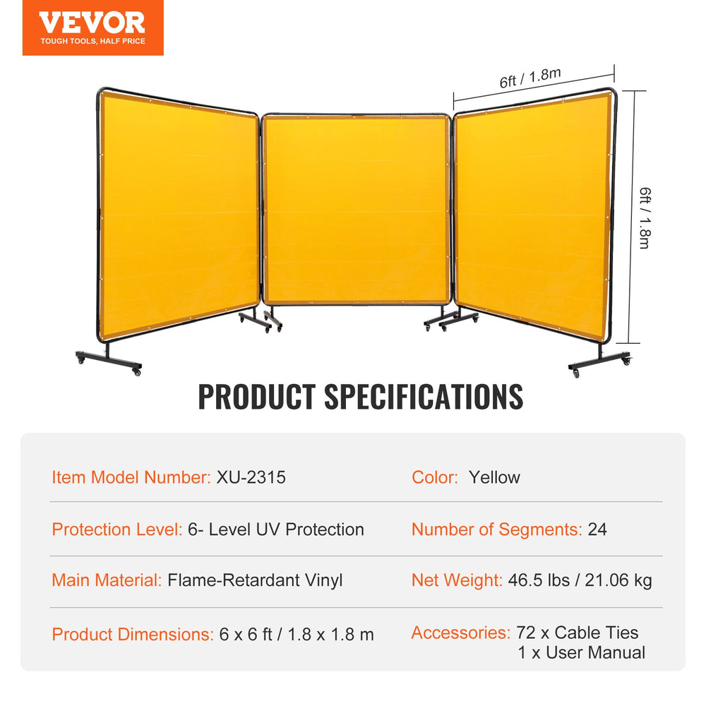 Vevor Welding Screen 3-Panel 6' x 6' Flame Resistant Vinyl Protection Screen with Frame and Wheels New