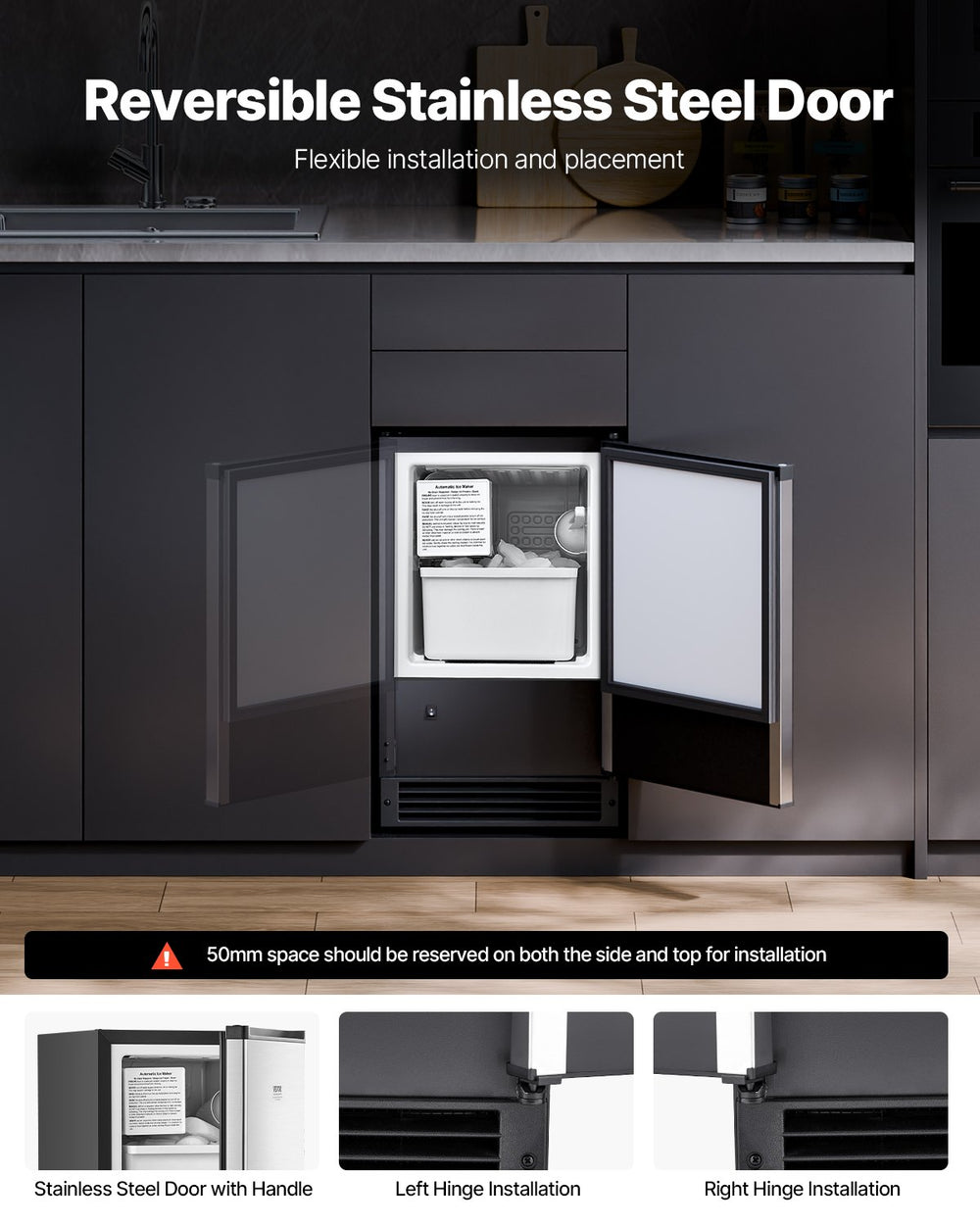 Vevor Ice Maker Undercounter 15 Lbs per Day Stainless Steel Reversible Door No Drain Required New