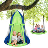 Kids sitting in a 2-in-1 40-inch green hanging chair swing tent, perfect for outdoor play and relaxation.