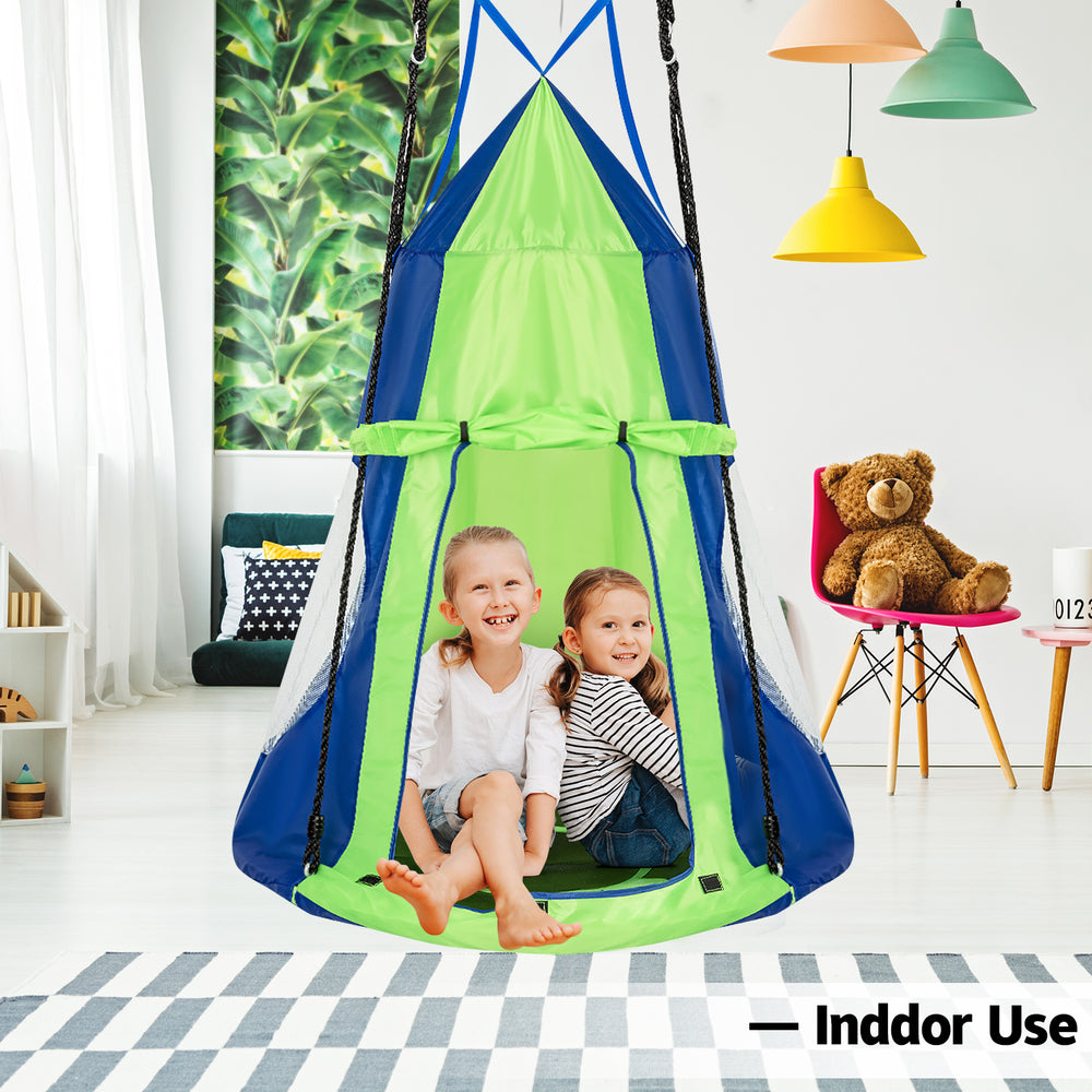 Kids enjoying the 2-in-1 40-inch green hanging chair tent, perfect for indoor play and cozy reading nooks.