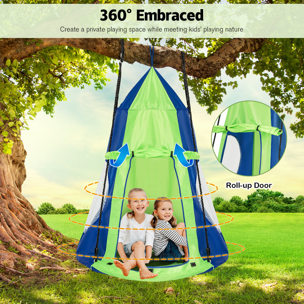 Kids hanging chair tent set in green, featuring a detachable design and roll-up door, perfect for outdoor play.