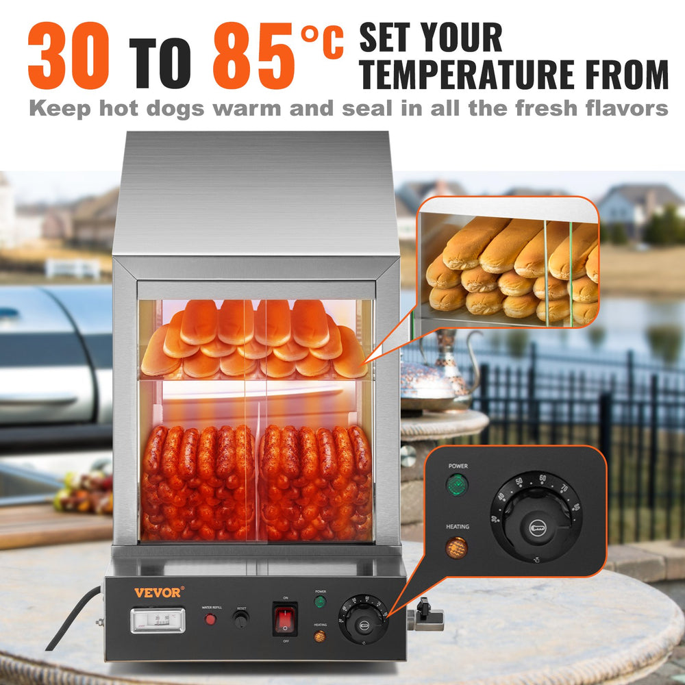 Vevor Commercial Hot Dog Steamer 38 Qt. 2-Tier 1200W Electric Bun Warmer with Sliding Doors New