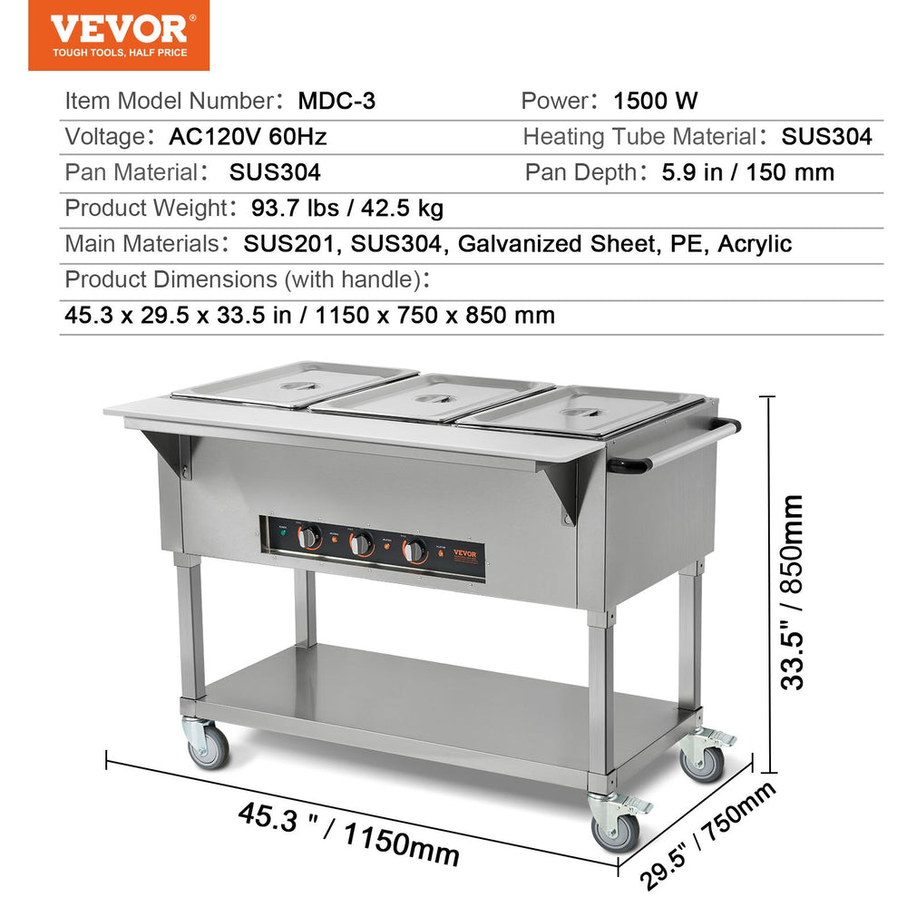 Vevor Food Warmer 3-Pan 20.6 Qt Commercial Buffet Table with Wheels 1500W Stainless Steel New