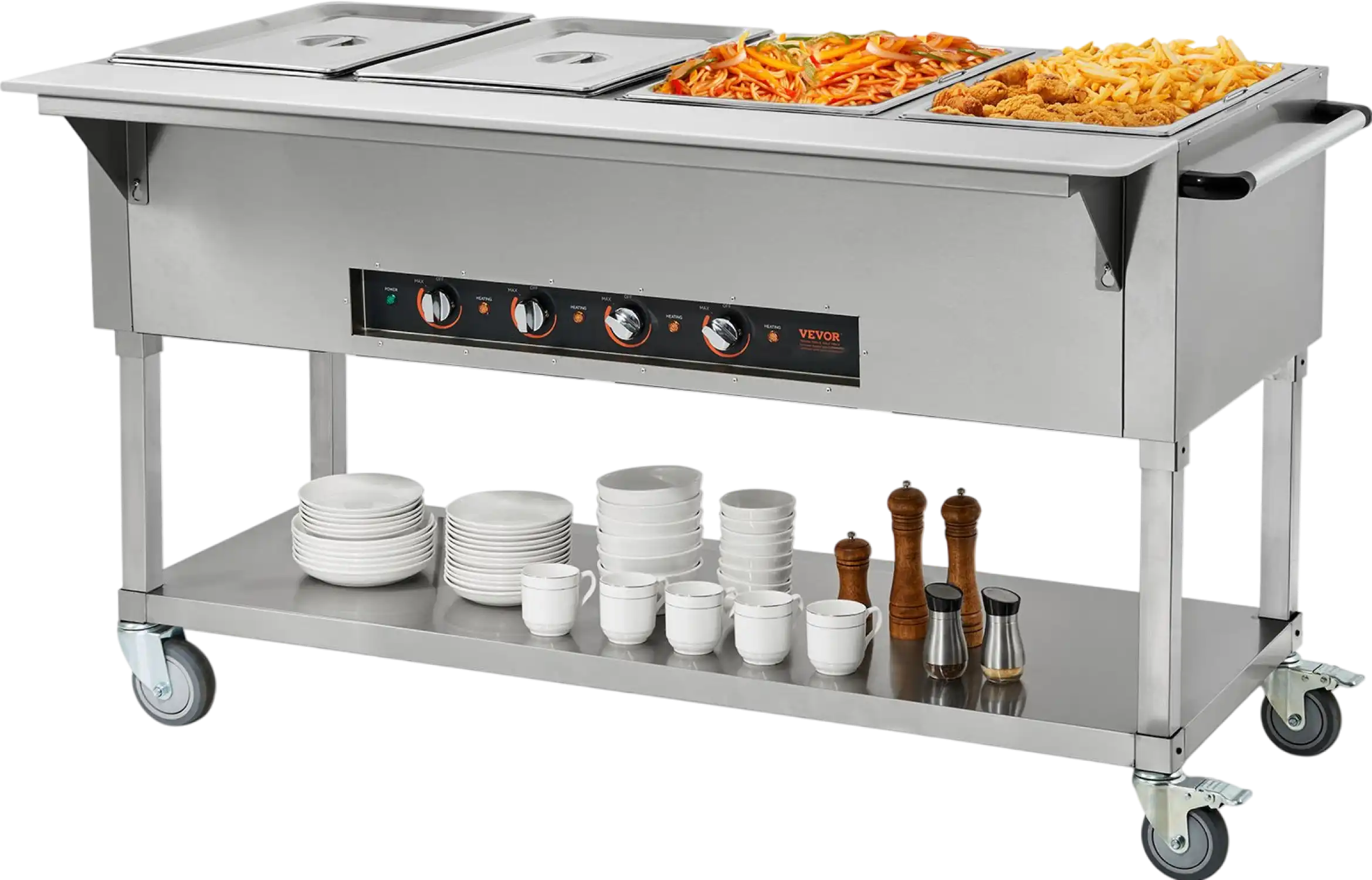 Vevor Food Warmer 4-Pan 20.6 Qt Commercial Steam Table 2000W Stainless Steel with Wheels New
