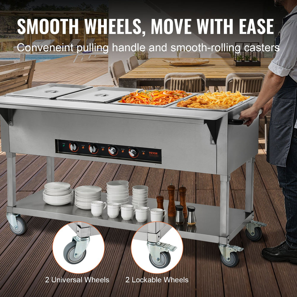 Vevor Food Warmer 4-Pan 20.6 Qt Commercial Steam Table 2000W Stainless Steel with Wheels New