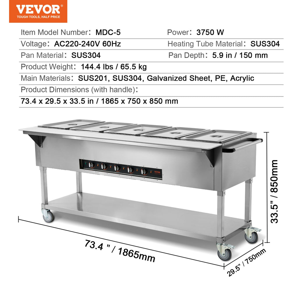 Vevor Food Warmer 5-Pan 20.6 Qt Commercial Steam Table 3750W Stainless Steel with Wheels New