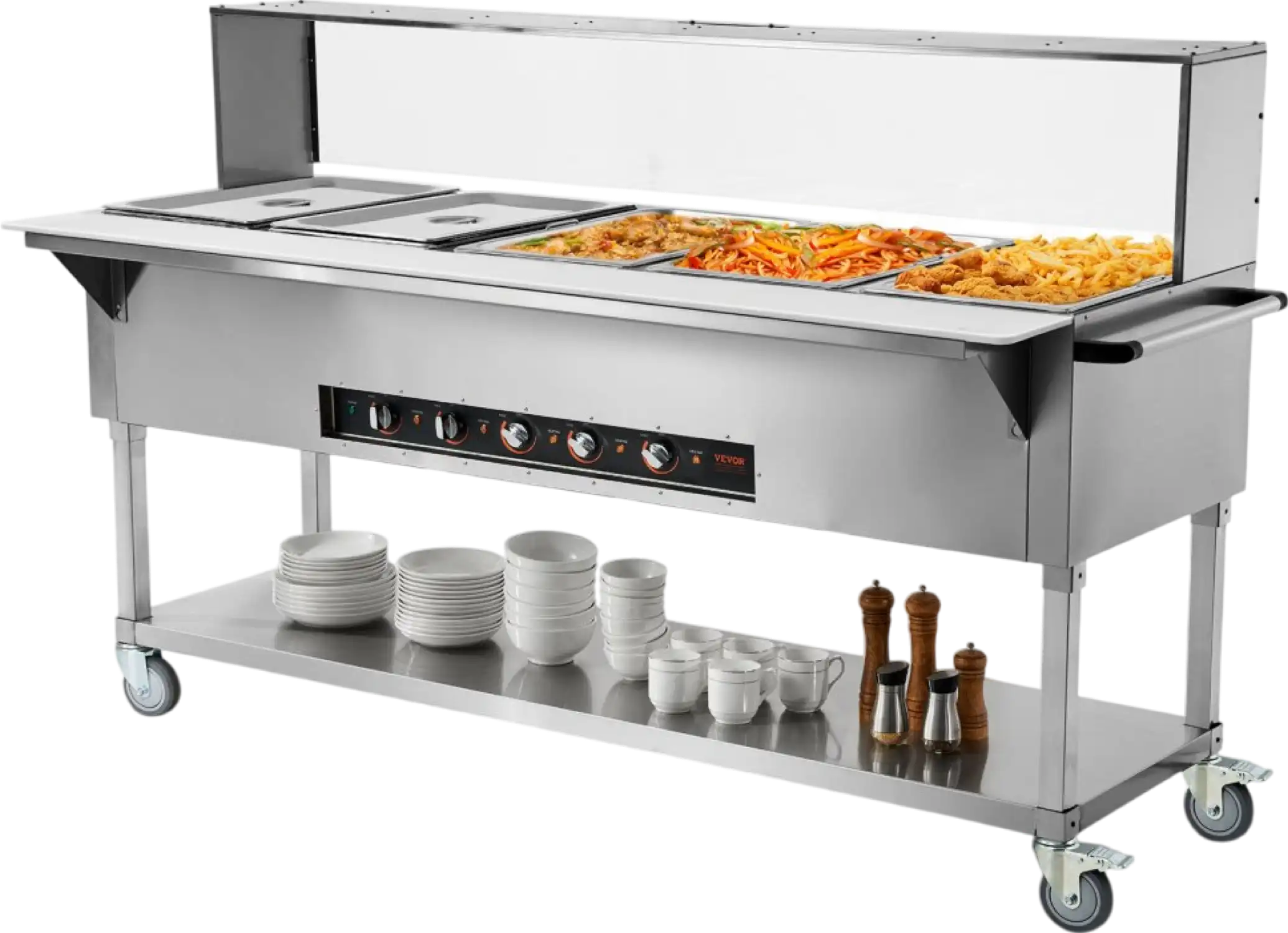 Vevor Food Warmer 5-Pan 20.6 Qt Commercial Steam Table 3750W Stainless Steel with Sneeze Guard New
