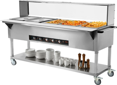 Vevor Food Warmer 5-Pan 20.6 Qt Commercial Steam Table 3750W Stainless Steel with Sneeze Guard New