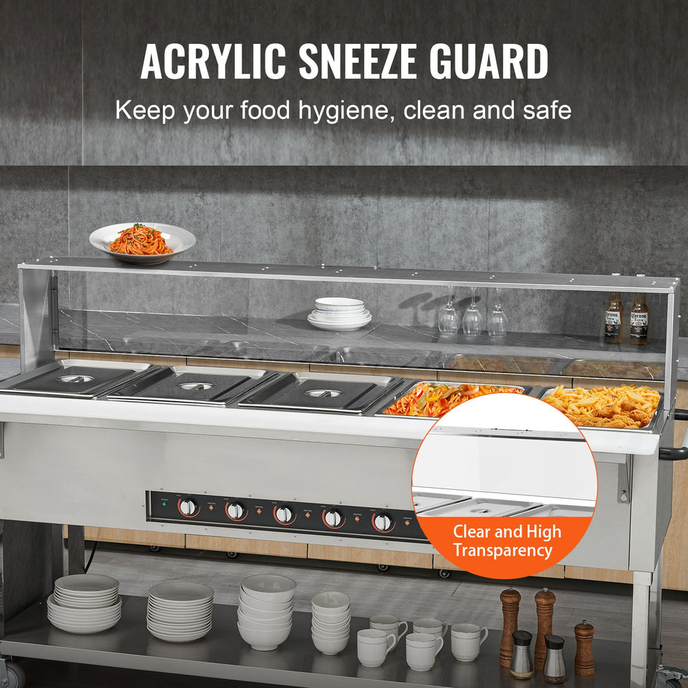 Vevor Food Warmer 5-Pan 20.6 Qt Commercial Steam Table 3750W Stainless Steel with Sneeze Guard New