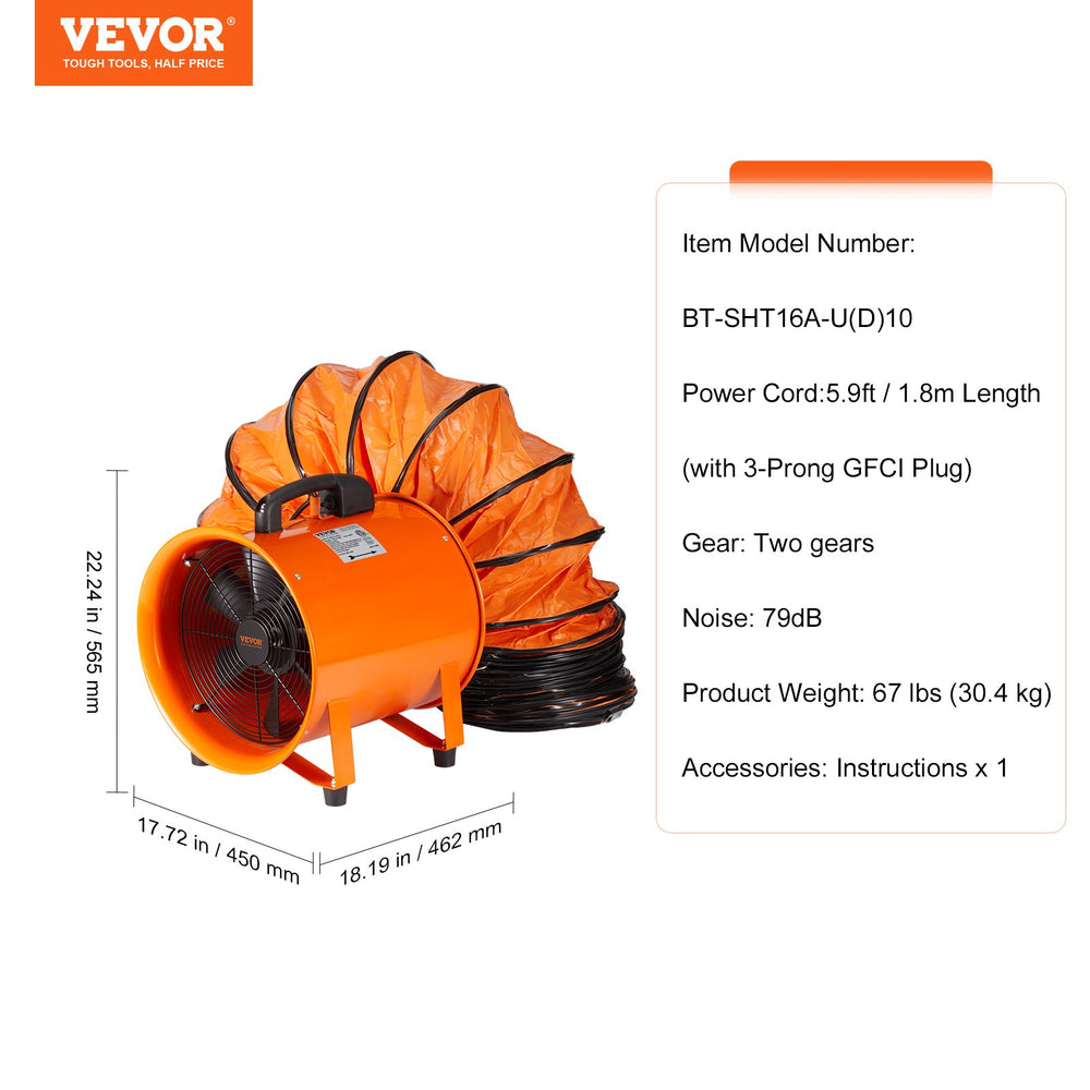 Vevor 16" Portable Ventilator 1350W Heavy Duty Fan 32.8' Duct Hose 5175 CFM Industrial Exhaust Blower New