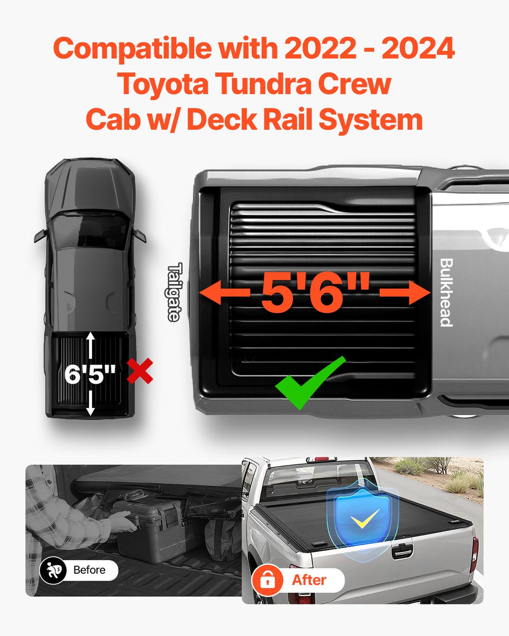 Vevor Truck Bed Tonneau Cover 5.5' Hard Retractable with T-Slot Rails for 2022–2024 Toyota Tundra New