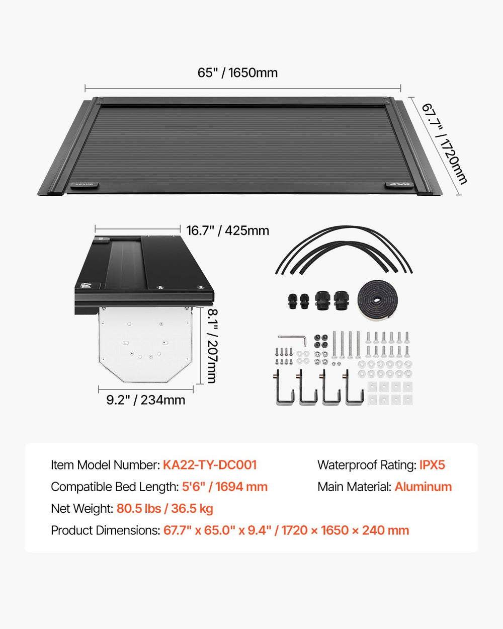 Vevor Truck Bed Tonneau Cover 5.5' Hard Retractable with T-Slot Rails for 2022–2024 Toyota Tundra New
