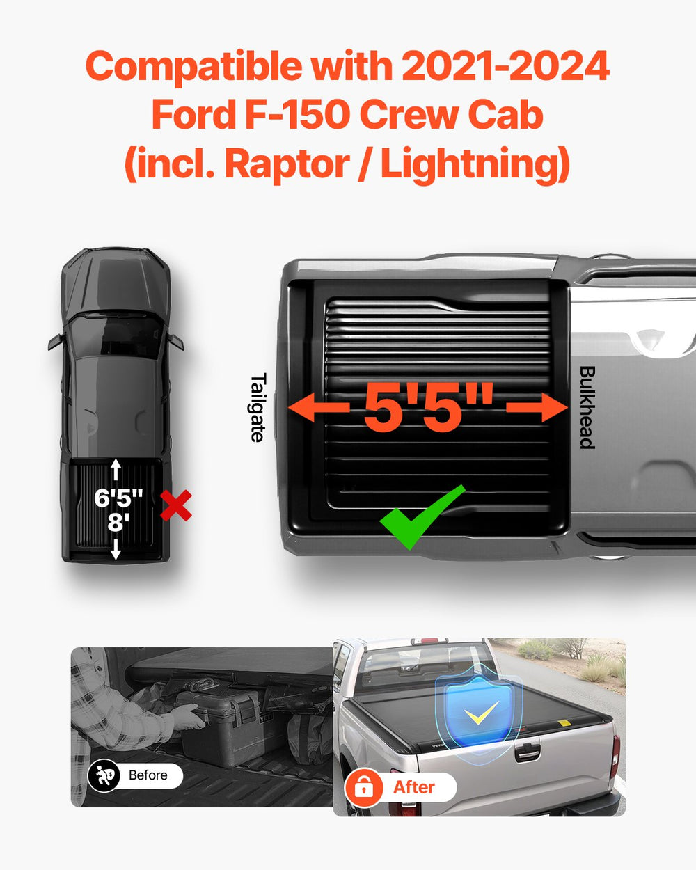 Vevor Truck Bed Tonneau Cover 5.5' Hard Retractable with T-Slot Rails for 2021–2024 Ford F-150 New