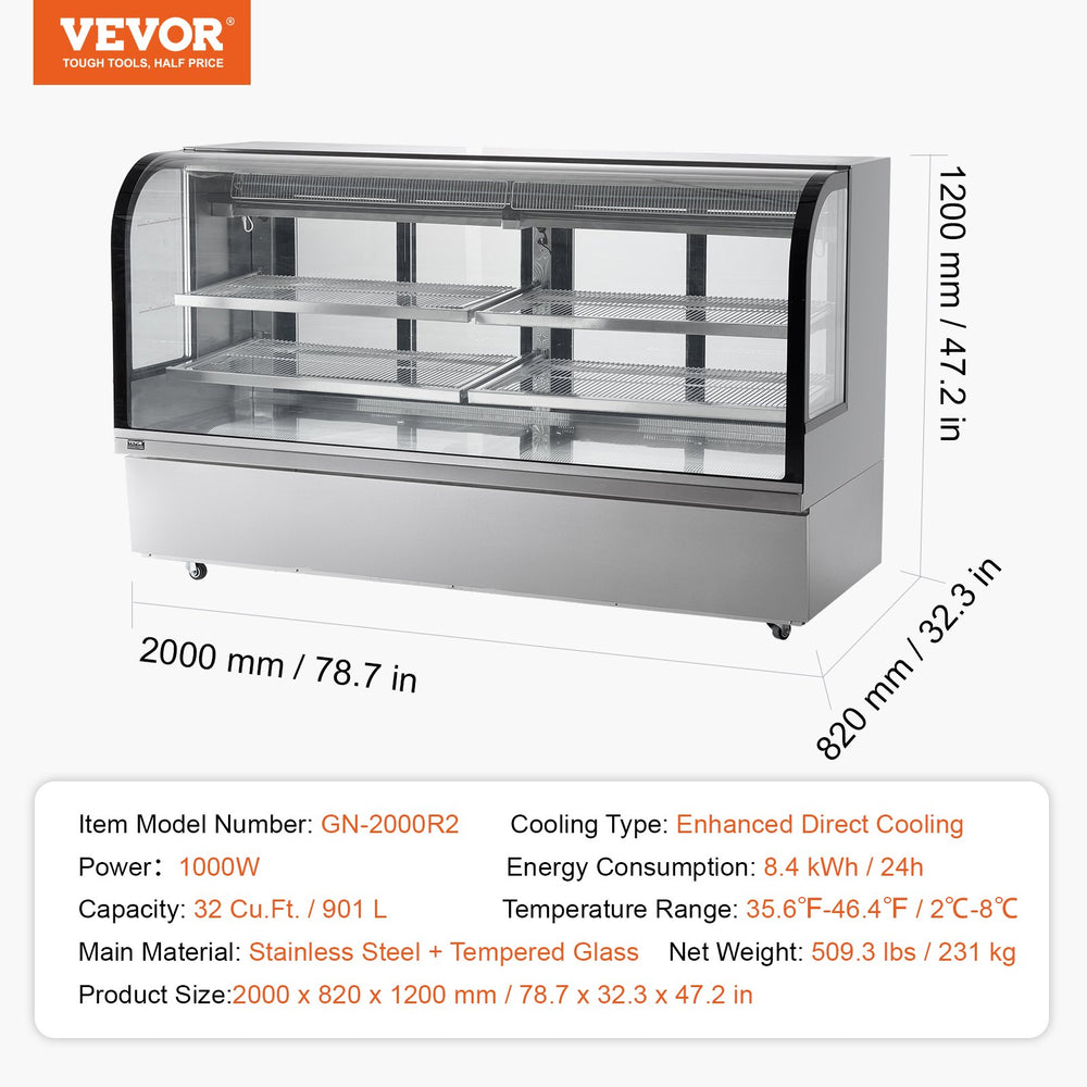 Vevor Refrigerated Display Case 32 Cu Ft Stainless Steel with 4 Adjustable Shelves New